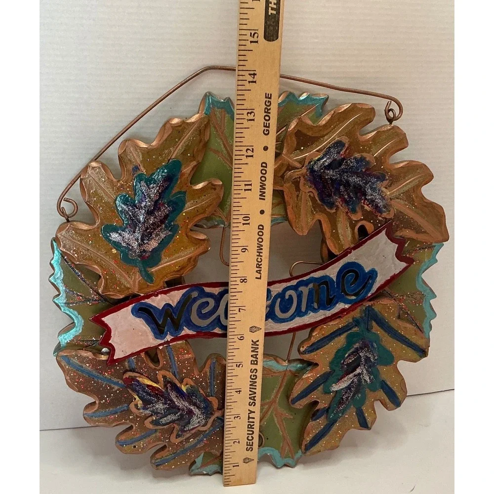 Autumn Metal Leaf Welcome Wreath Glitter Fall Door Decor 14in Rustic